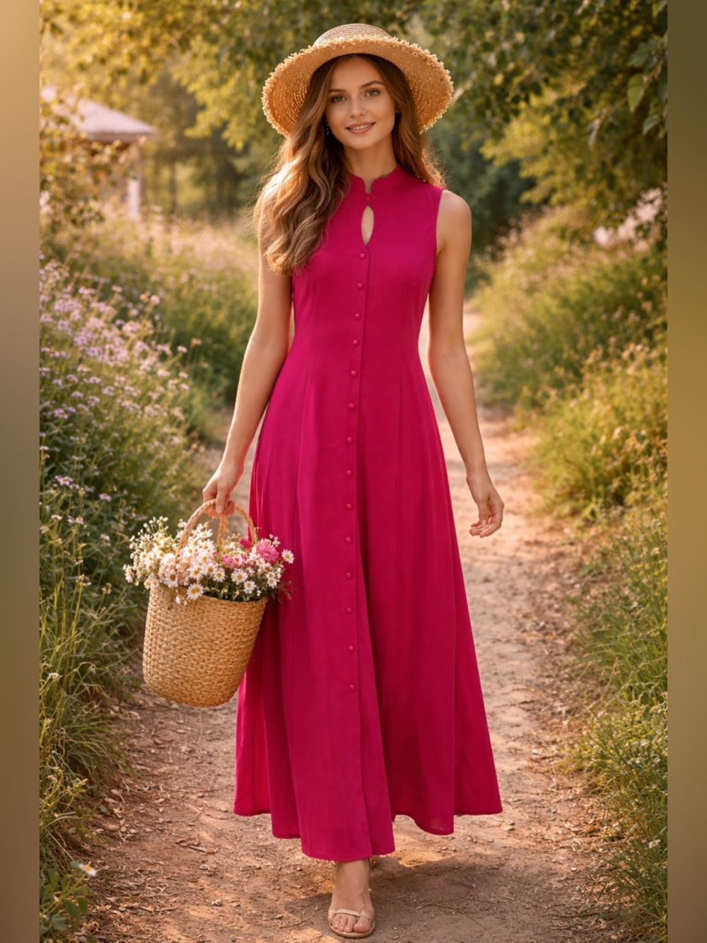 VTG Kathie Lee 8 Maxi Dress Button Keyhole Prairie Barbie Cottagecore Hot Pink